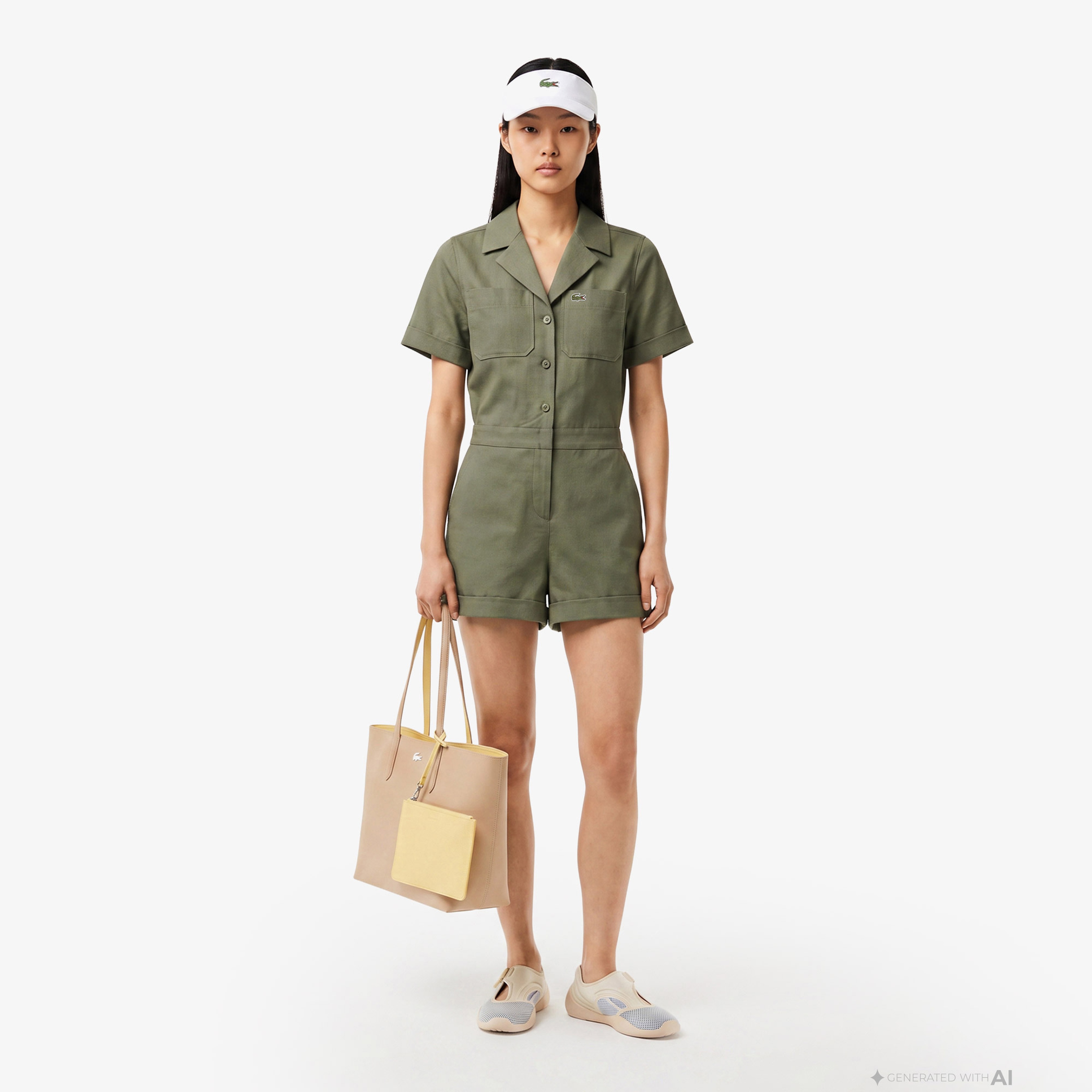 Kadın Classic Fit Kısa Kollu Haki Tulum