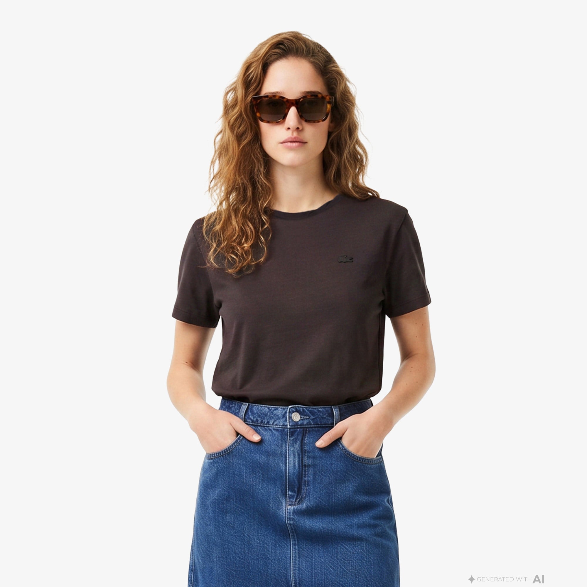 Lacoste Kadın Loose Fit V Yaka Kahverengi T-Shirt