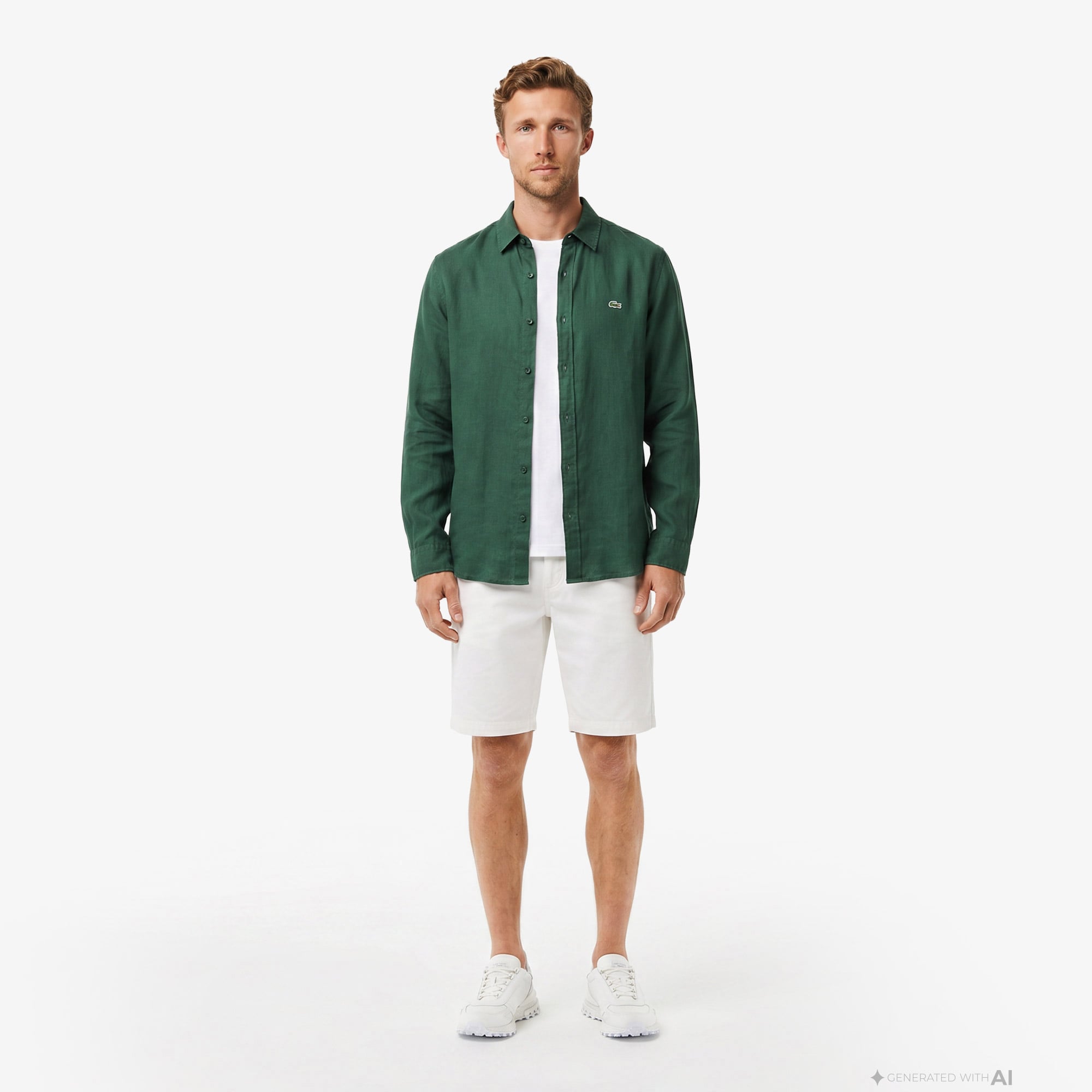 Lacoste Erkek Regular Fit Keten Yeşil Gömlek görsel 4