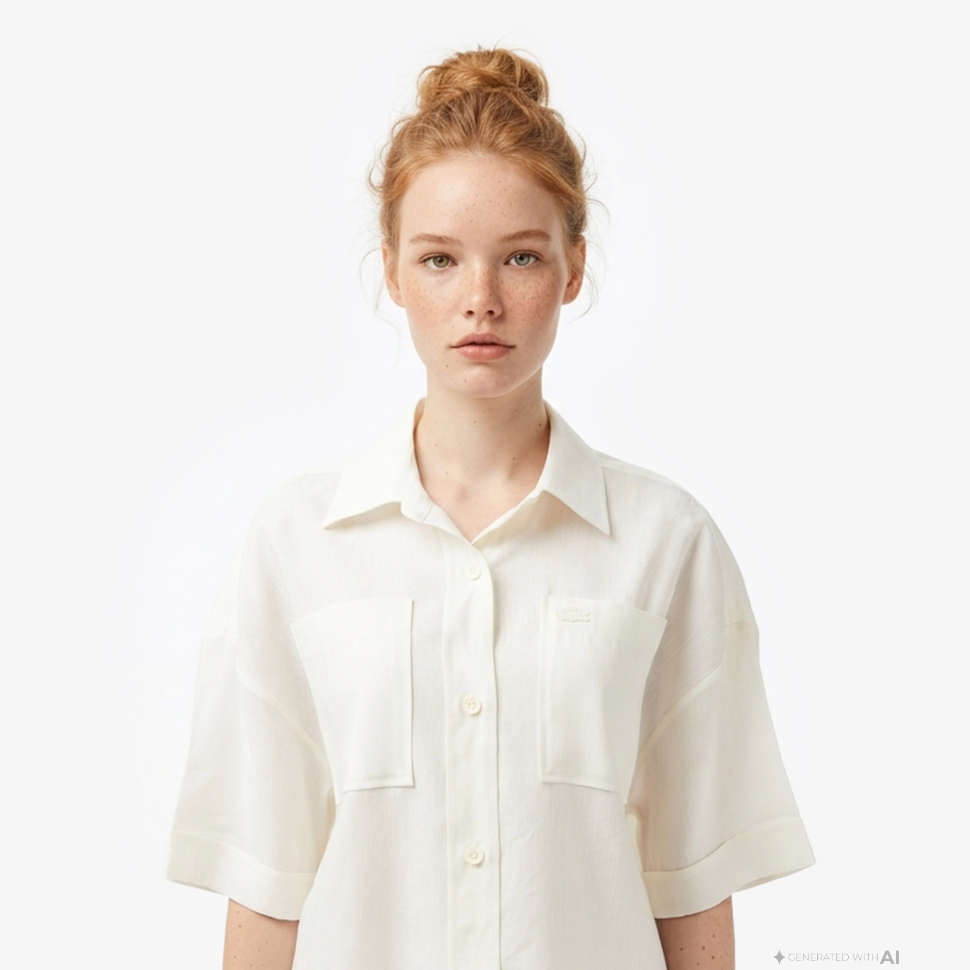 Lacoste Kadın Relaxed Fit Truvakar Kollu Keten Krem Gömlek görsel 2