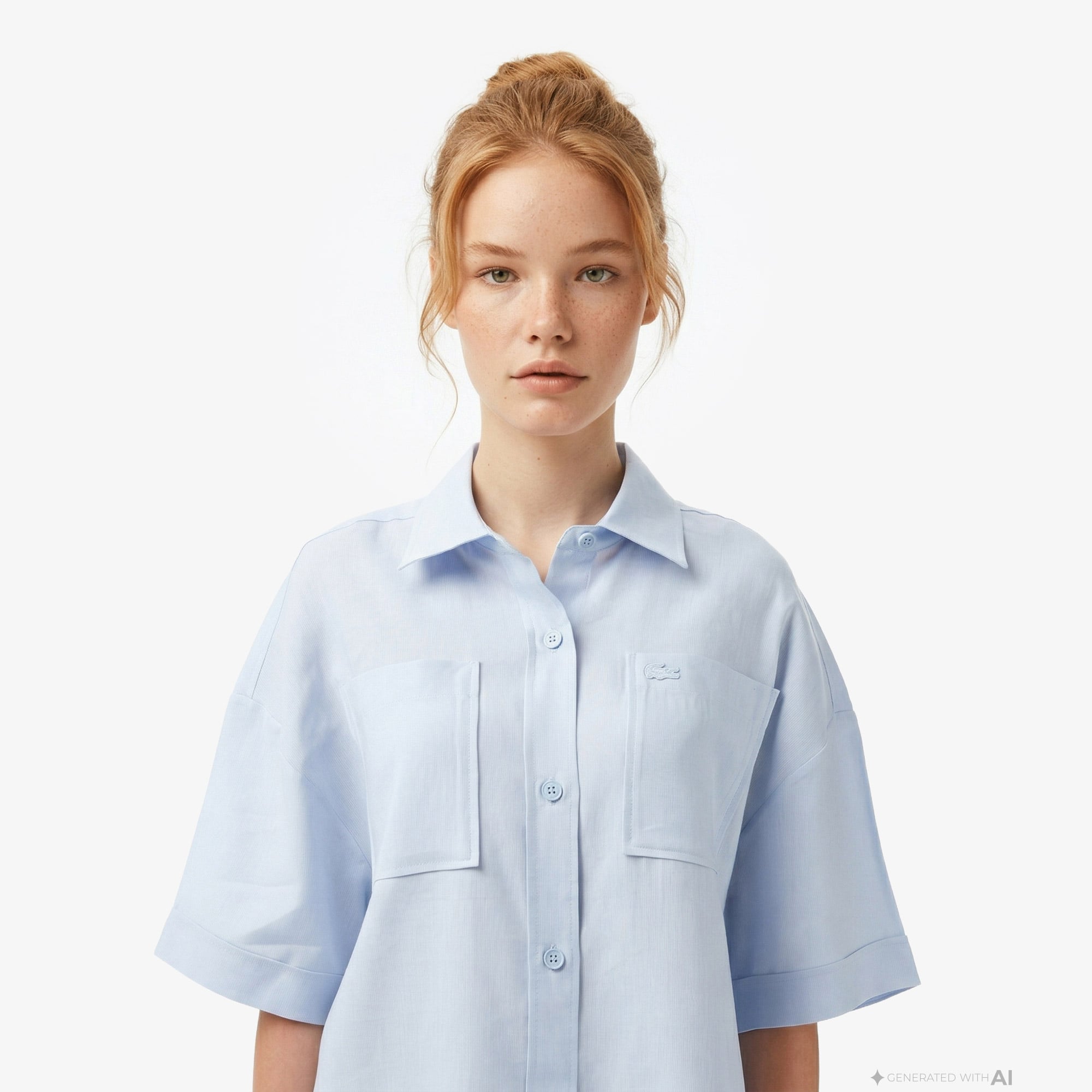 Lacoste Kadın Relaxed Fit Truvakar Kollu Keten Mavi Gömlek görsel 2