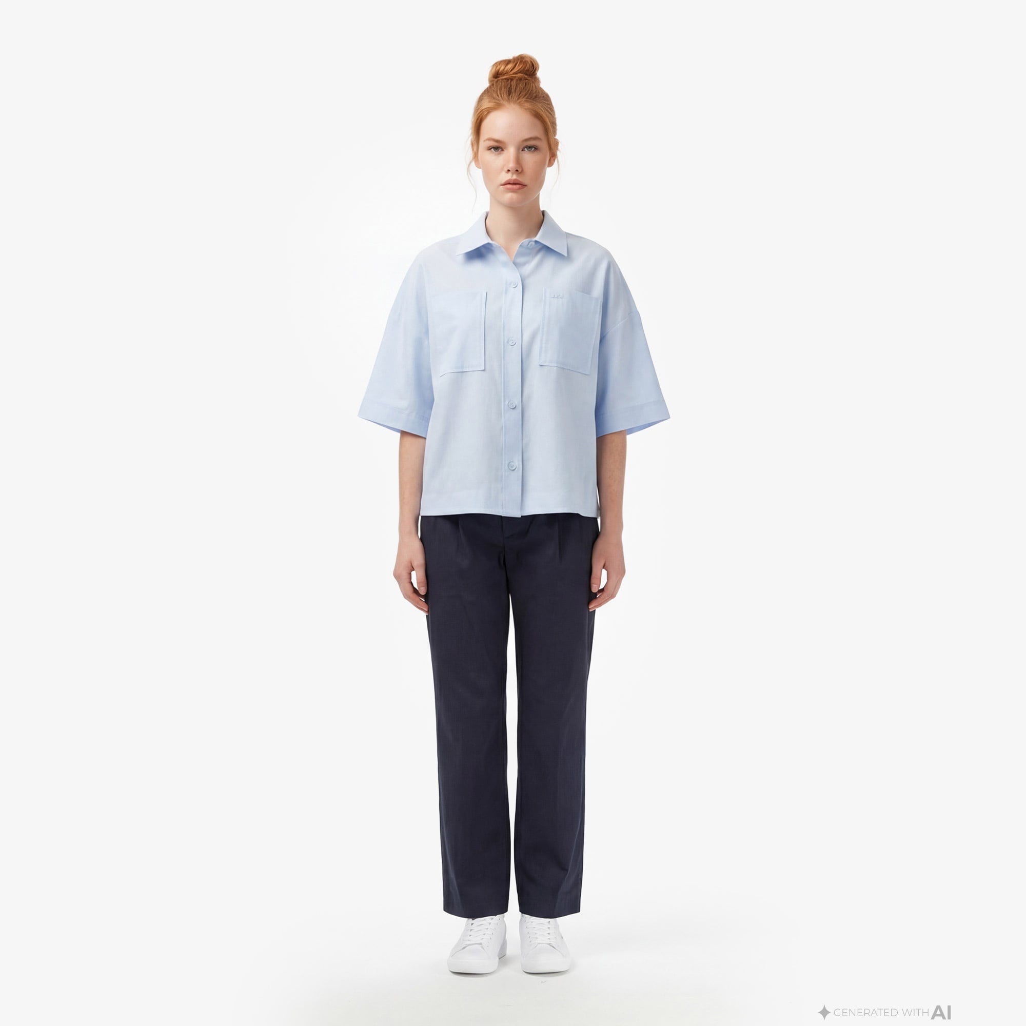 Kadın Relaxed Fit Truvakar Kollu Keten Mavi Gömlek