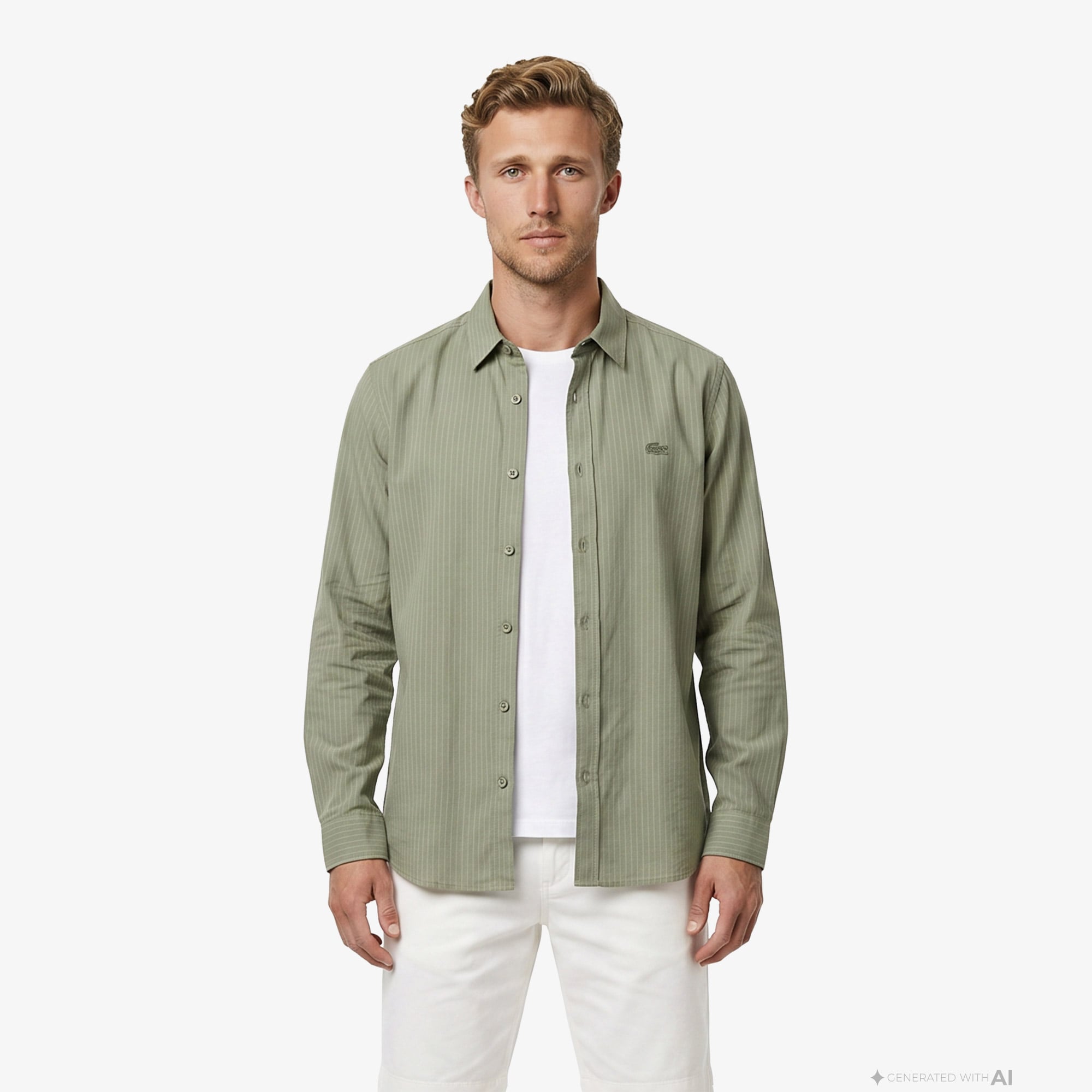 Lacoste Erkek Regular Fit Düğmeli Yaka Çizgili Haki Gömlek