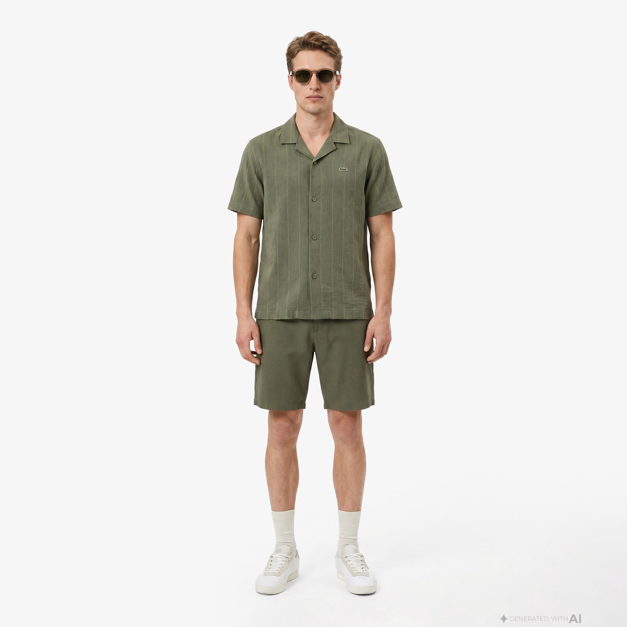 Lacoste Erkek Relaxed Fit Kısa Kollu Çizgili Haki Gömlek görsel 4