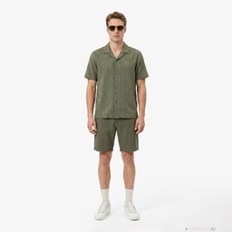 Erkek Relaxed Fit Kısa Kollu Çizgili Haki Gömlek Yeşil