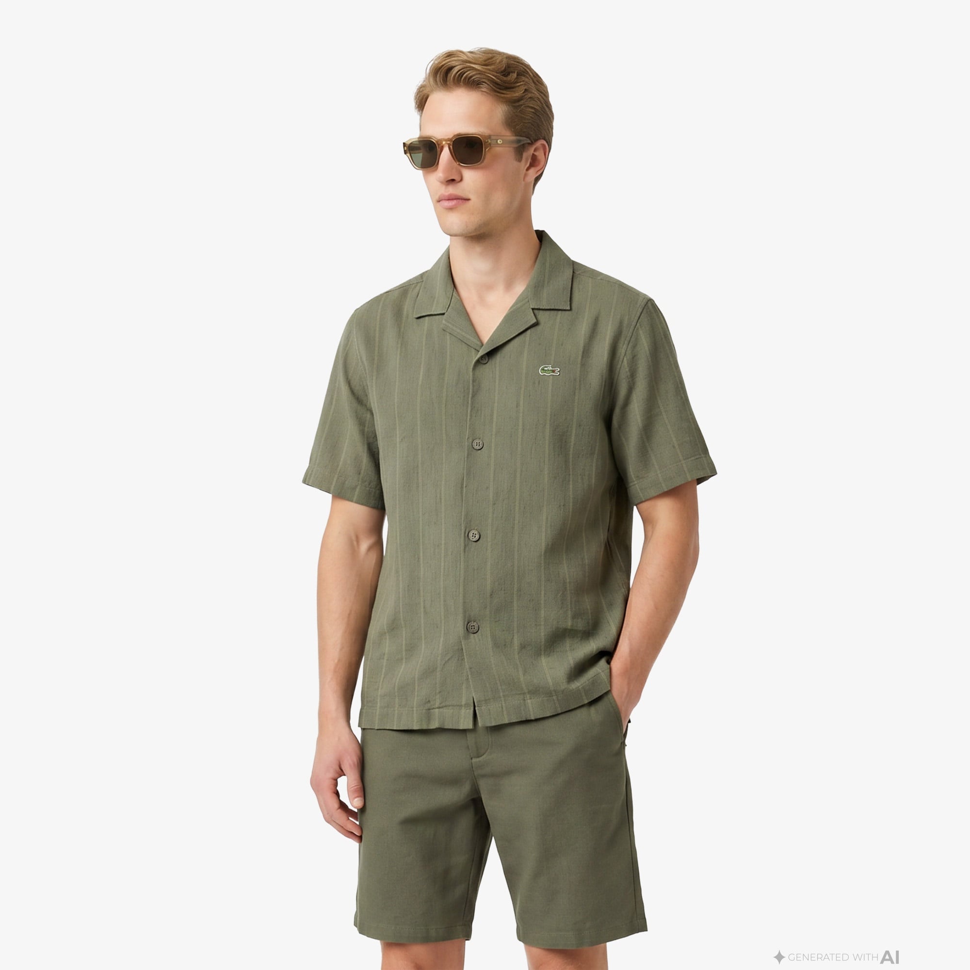 Erkek Relaxed Fit Kısa Kollu Çizgili Haki Gömlek