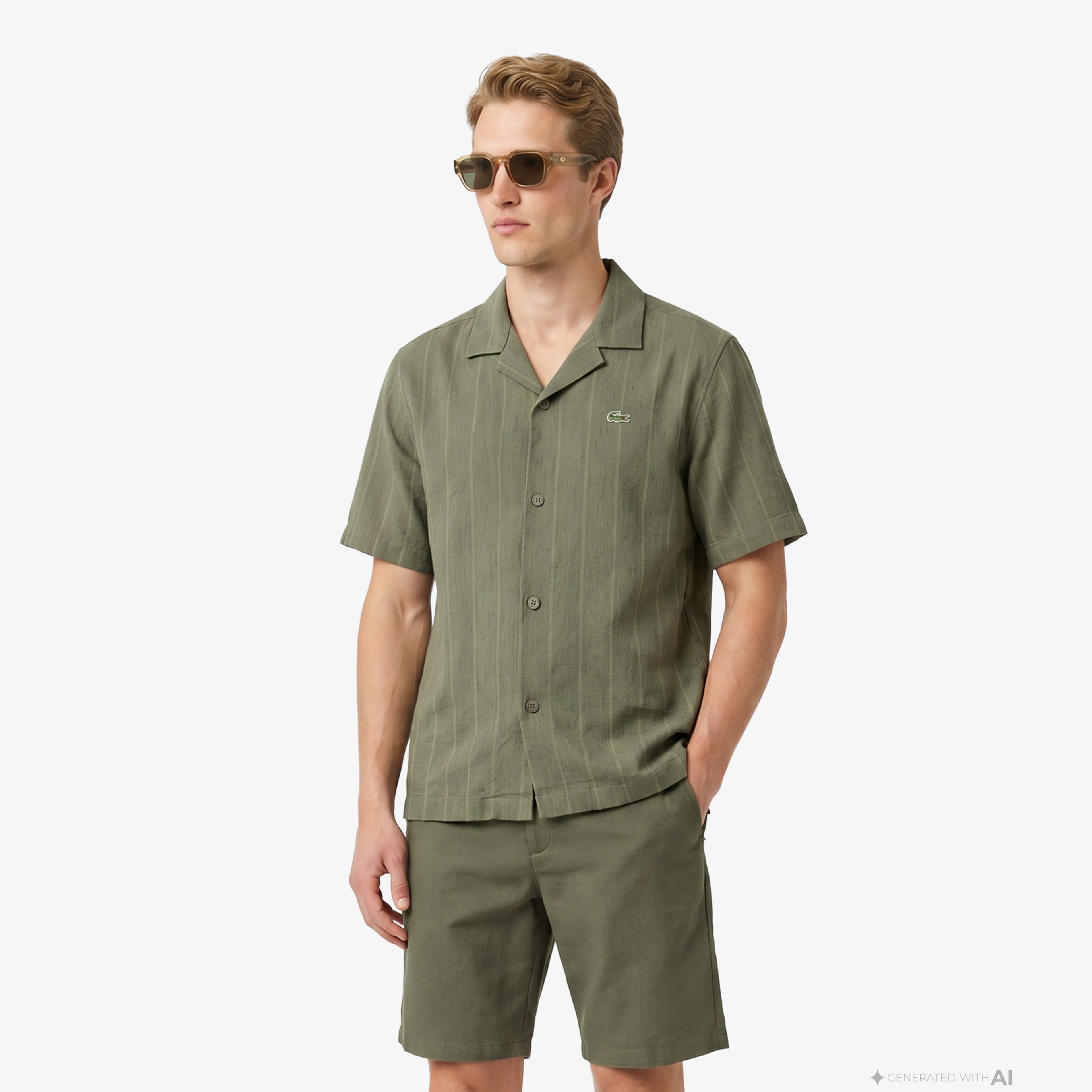 Erkek Relaxed Fit Kısa Kollu Çizgili Haki Gömlek Erkek Relaxed Fit Kısa Kollu Çizgili Haki Gömlek