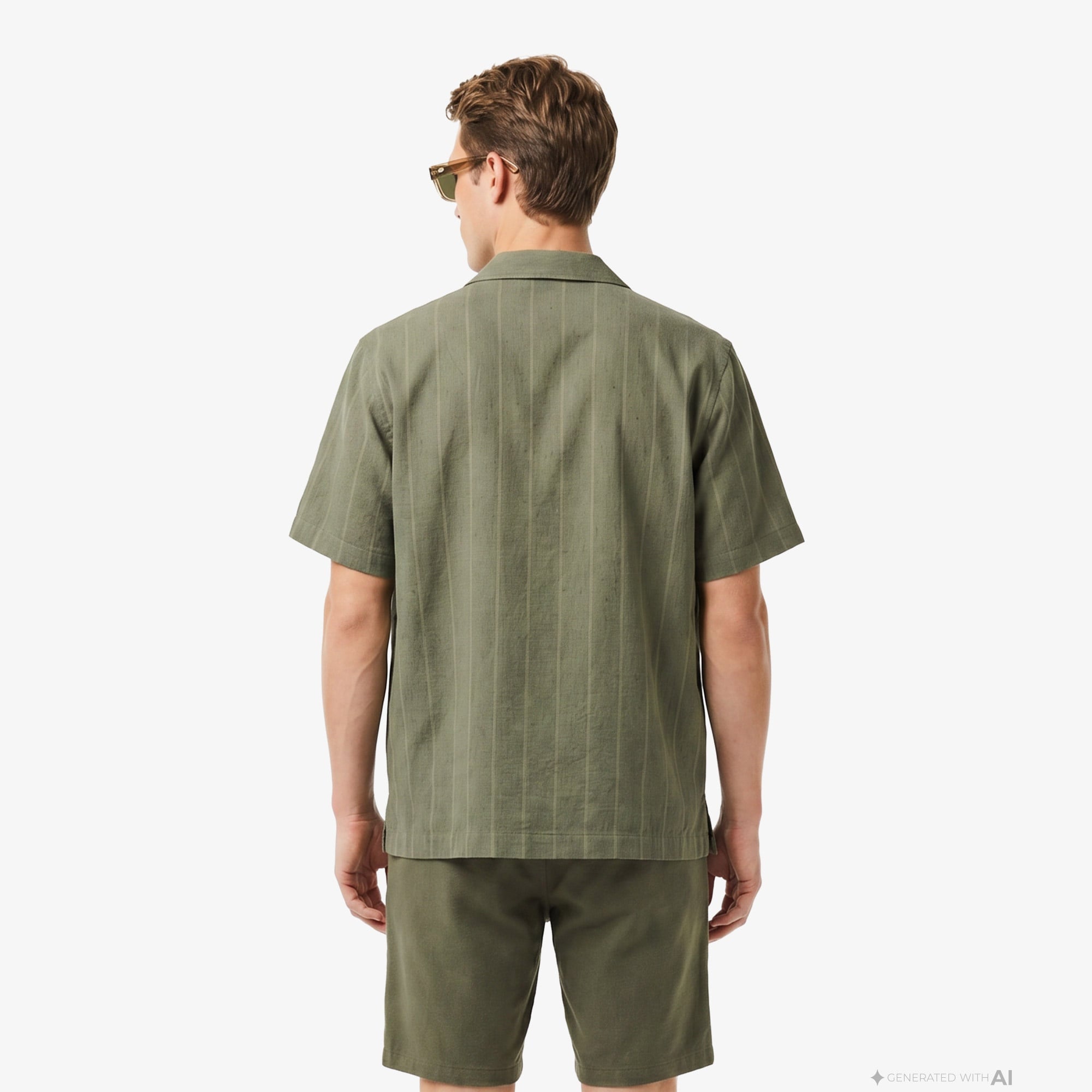 Erkek Relaxed Fit Kısa Kollu Çizgili Haki Gömlek