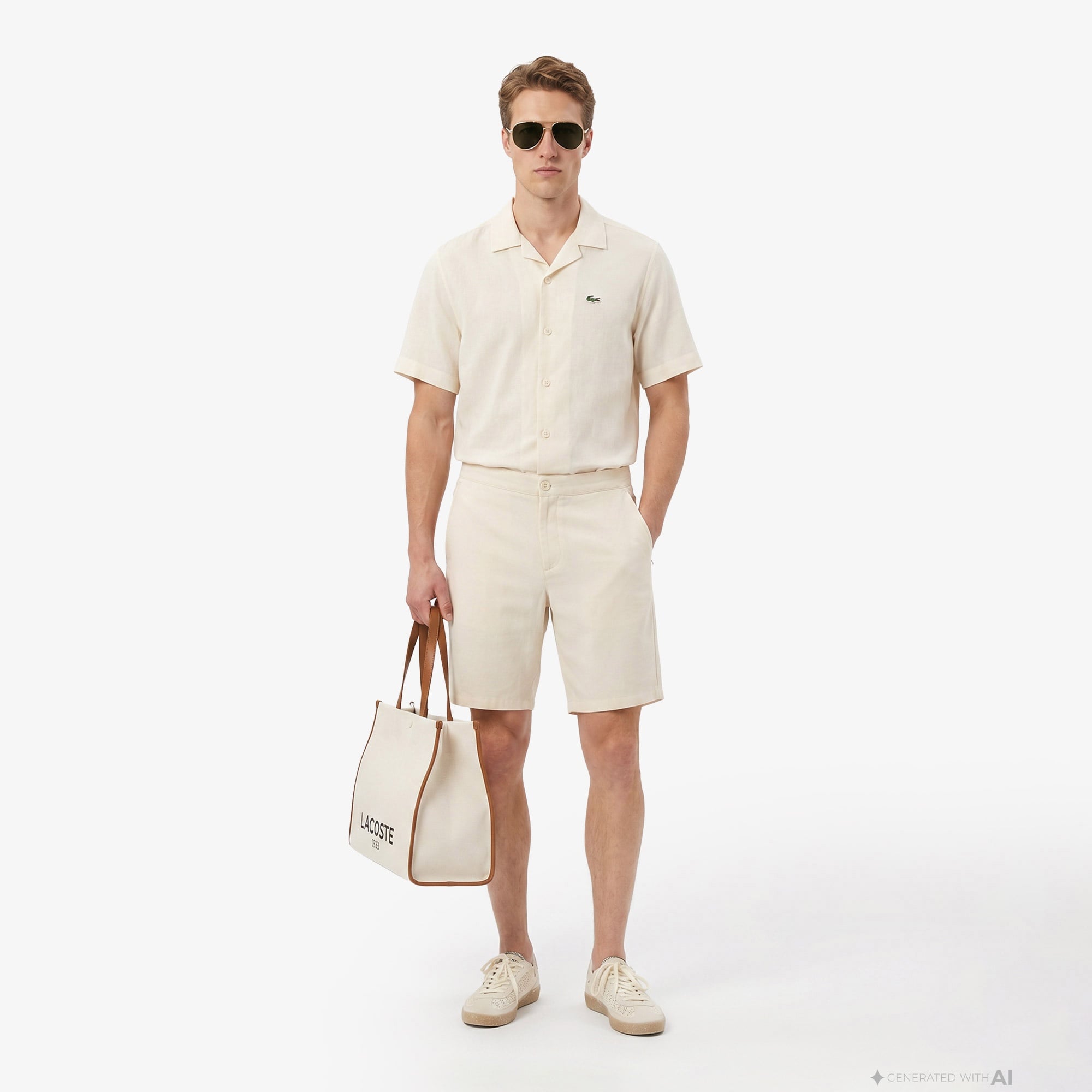 Erkek Tapered Fit Keten Bej Bermuda Şort