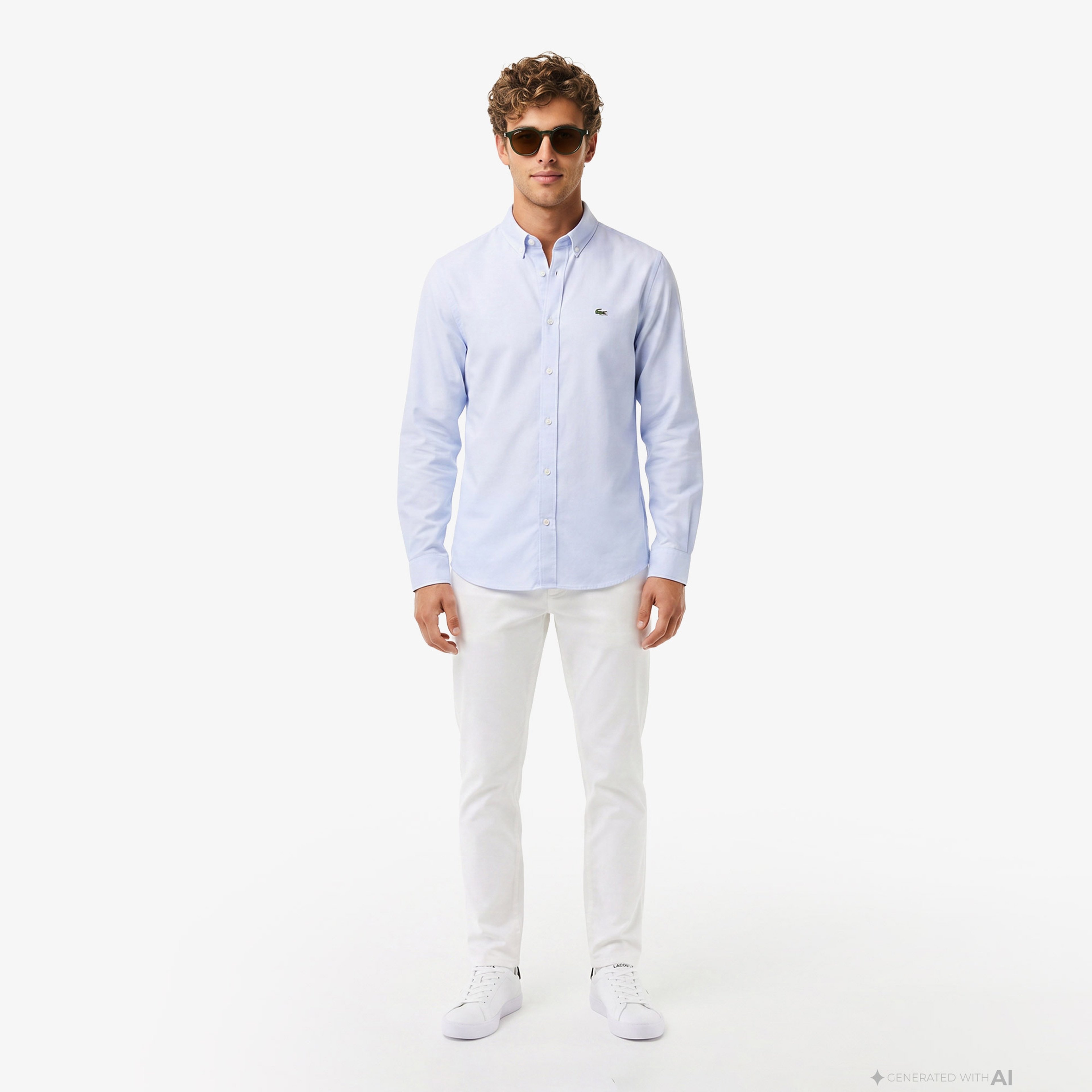 Erkek Slim Fit Düğmeli Yaka Mavi Gömlek