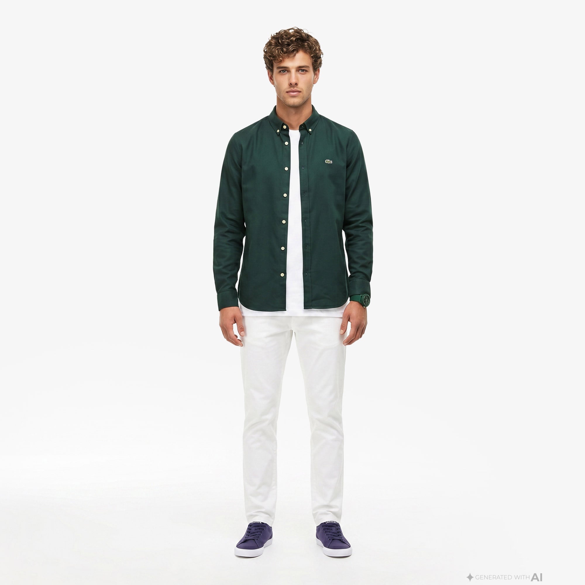 Erkek Slim Fit Düğmeli Yaka Koyu Yeşil Gömlek