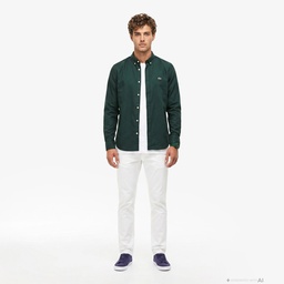 Erkek Slim Fit Düğmeli Yaka Koyu Yeşil Gömlek Yeşil