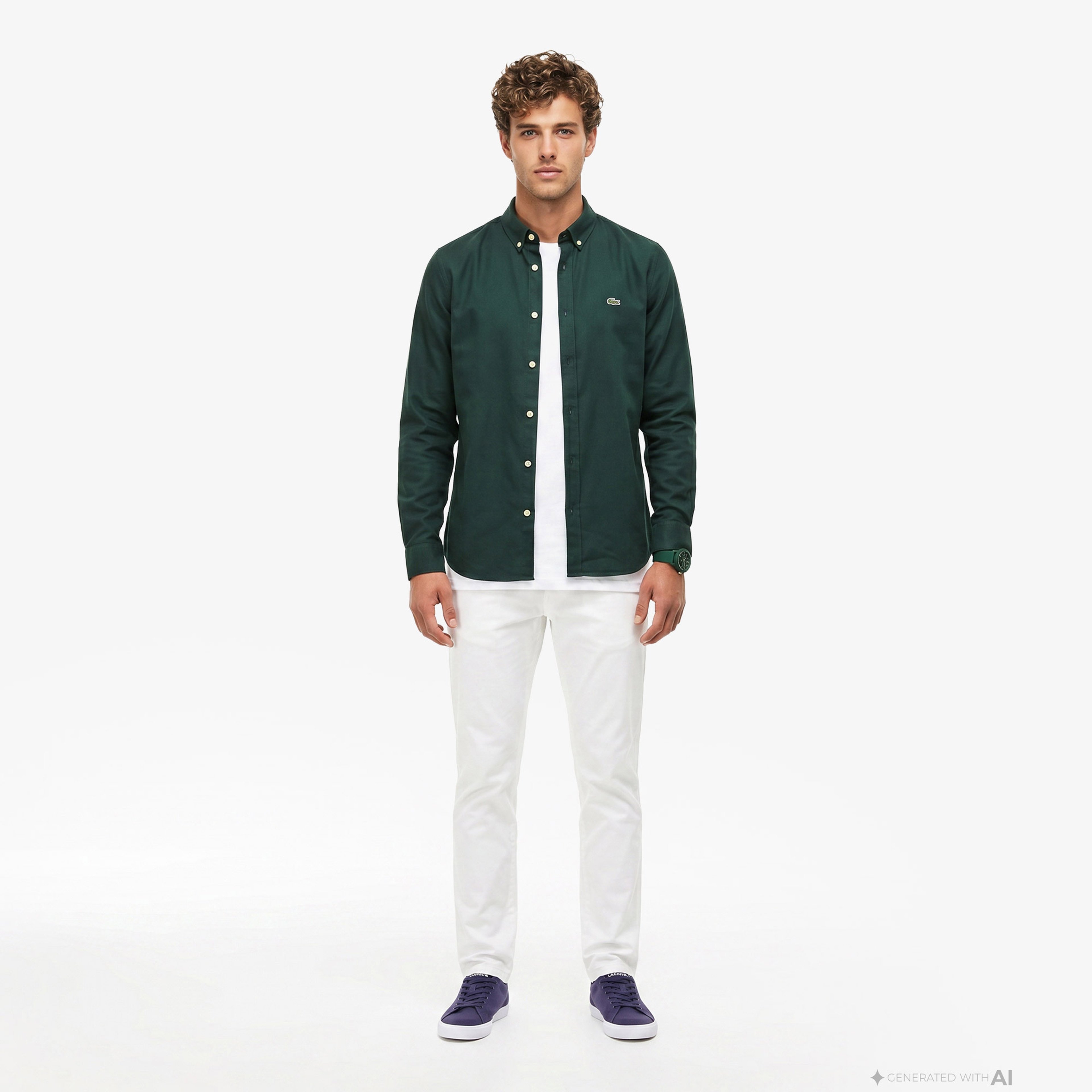 Erkek Slim Fit Düğmeli Yaka Koyu Yeşil Gömlek
