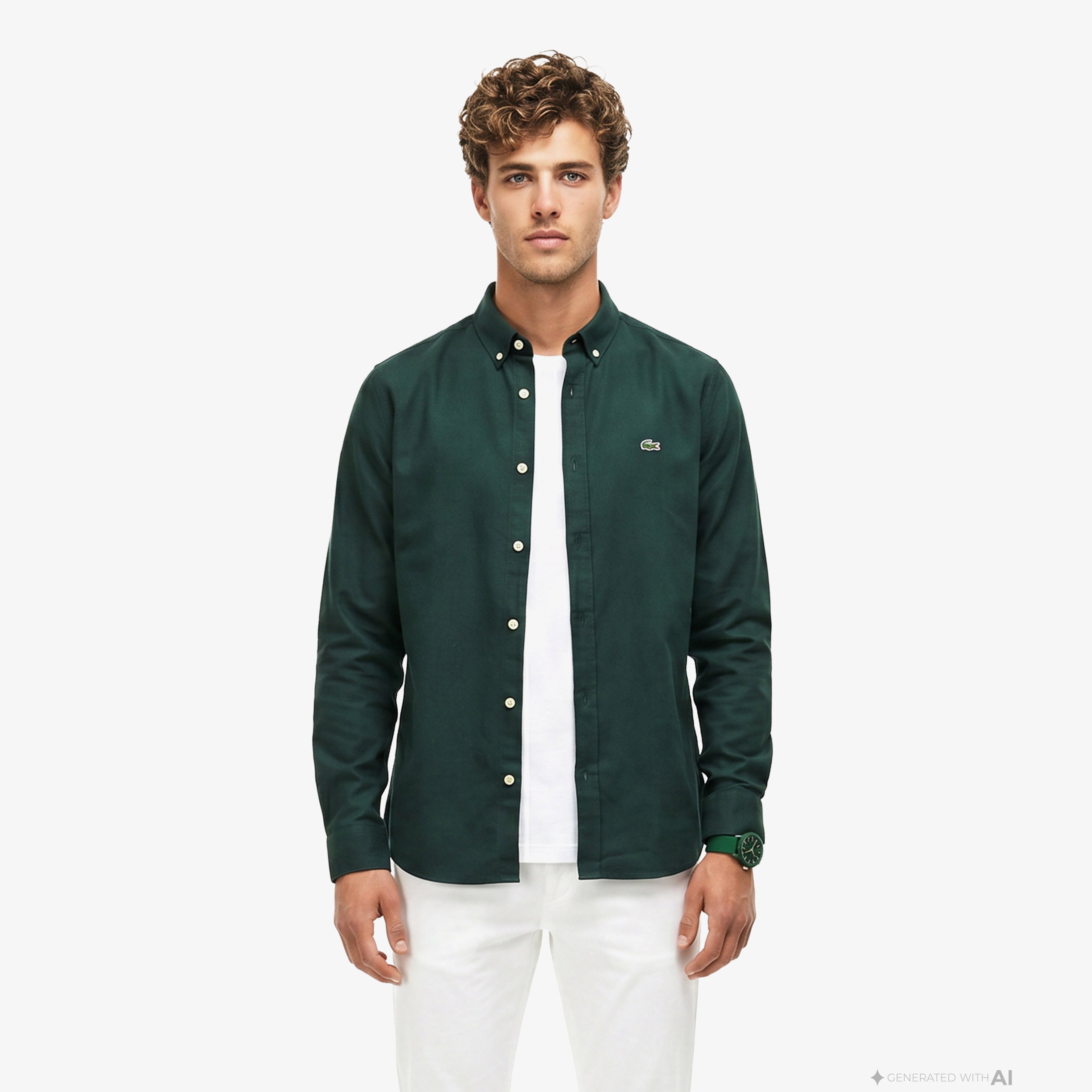 Erkek Slim Fit Düğmeli Yaka Koyu Yeşil Gömlek