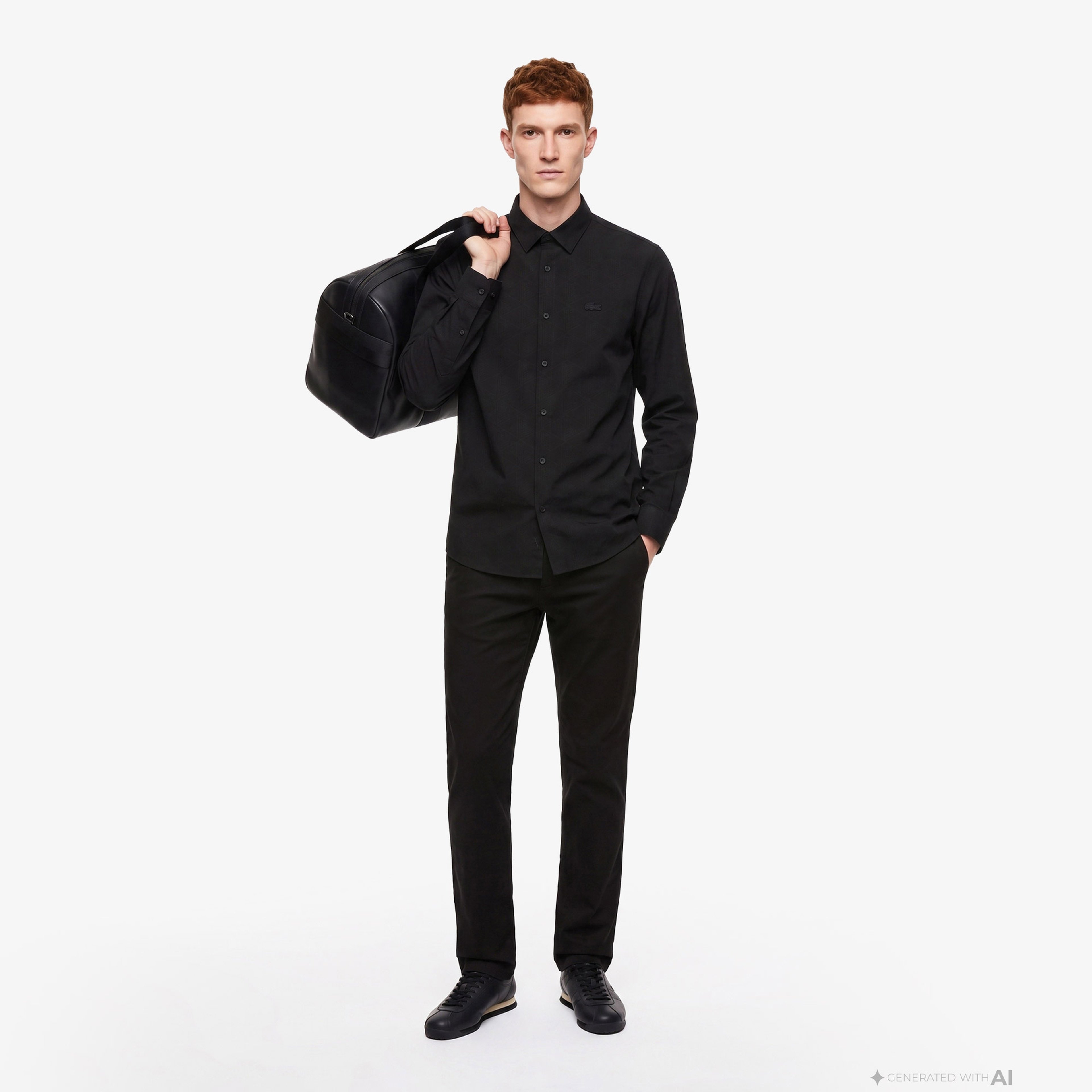 Erkek Slim Fit Düğmeli Yaka Siyah Gömlek
