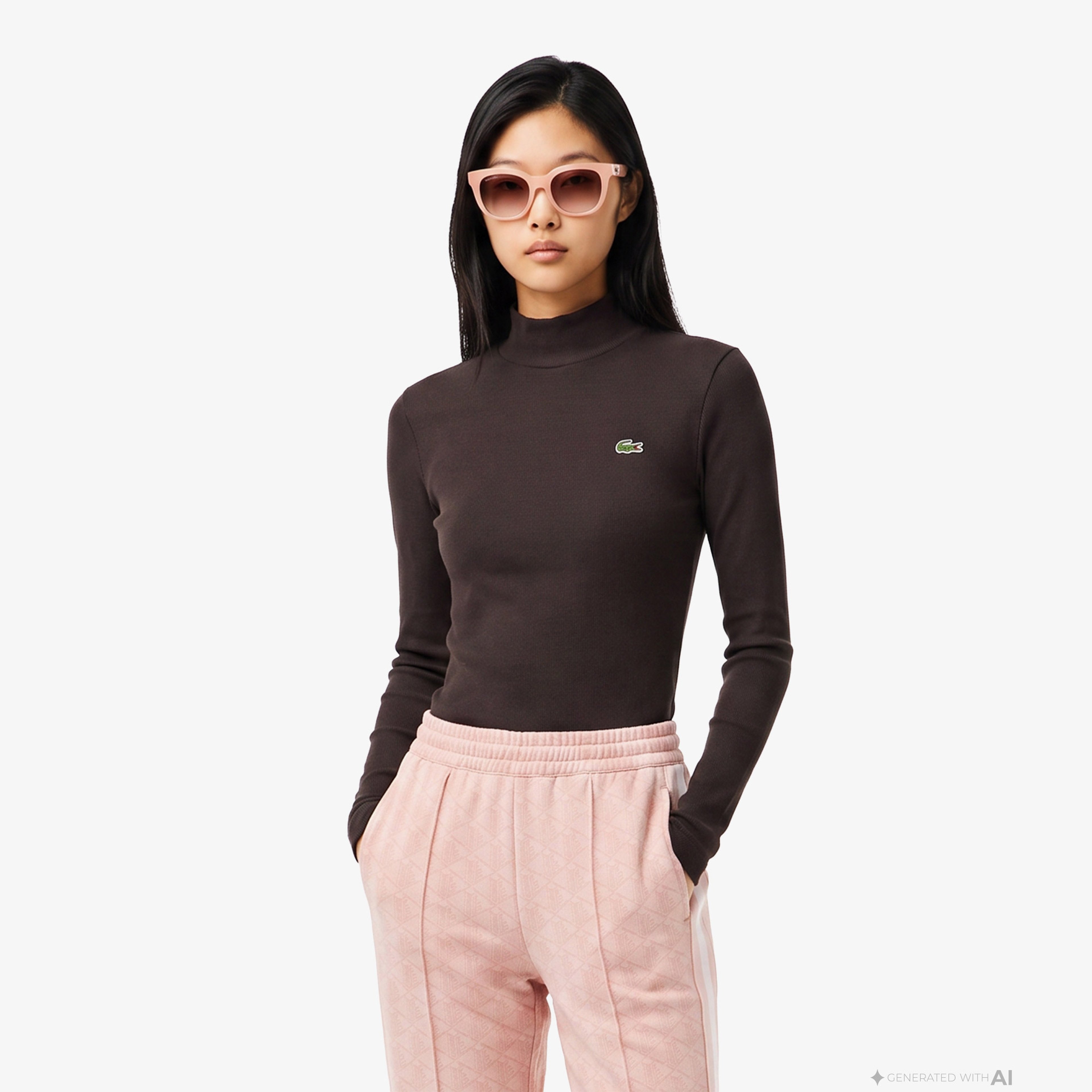 Kadın Slim Fit Uzun Kollu Boğazlı Yaka Çizgili Kahverengi T-Shirt