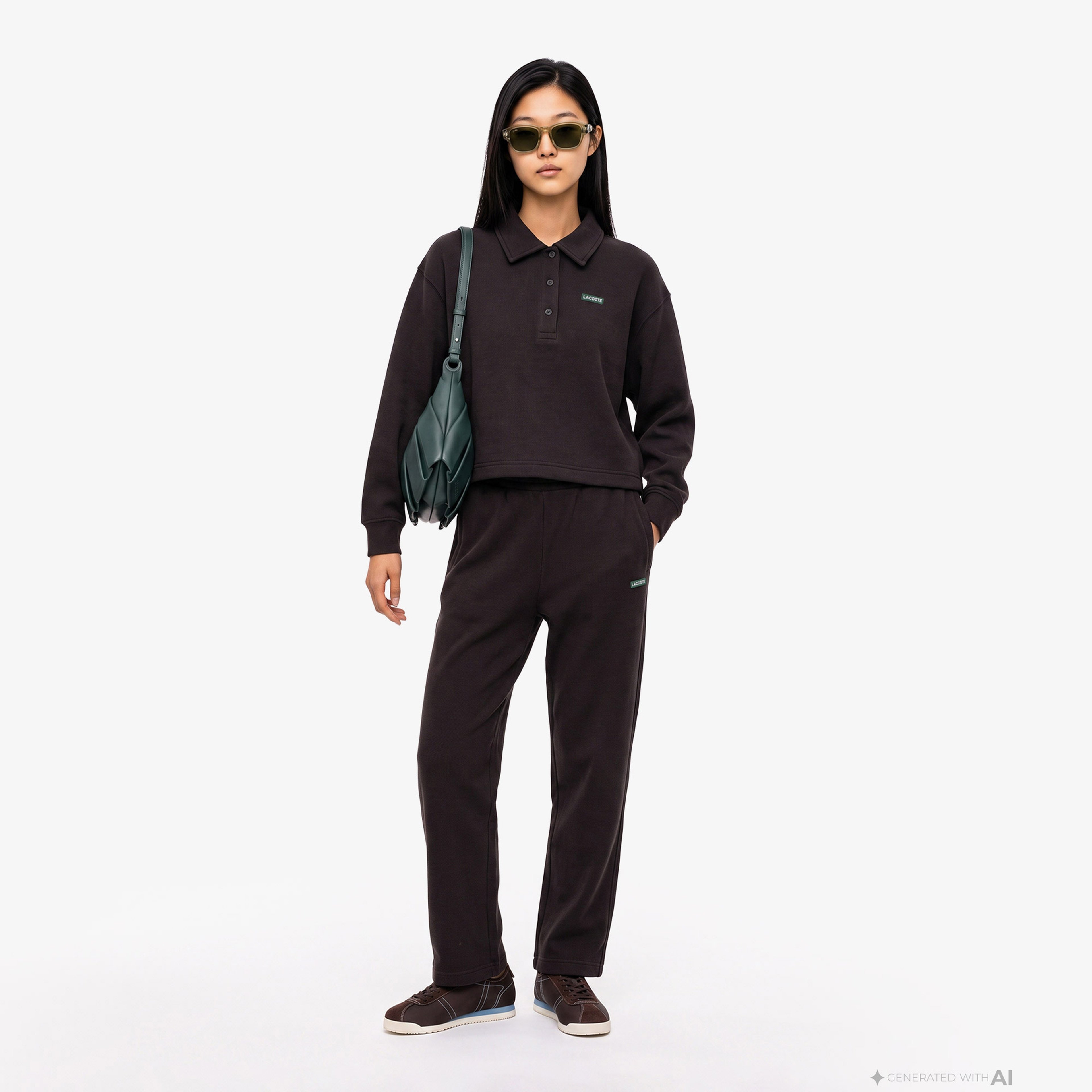 Kadın Oversize Fit Polo Yaka Kahverengi Sweatshirt