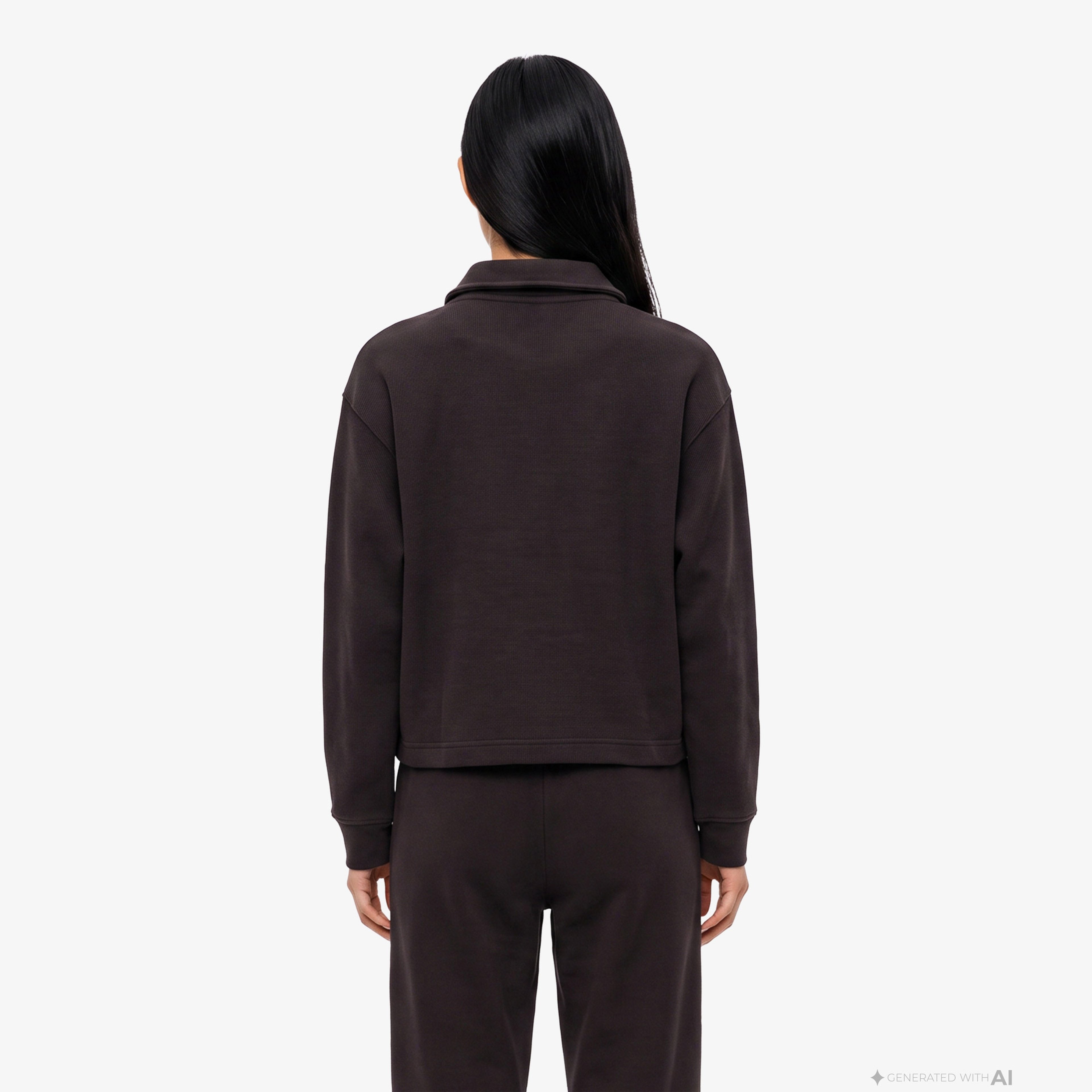 Kadın Oversize Fit Polo Yaka Kahverengi Sweatshirt