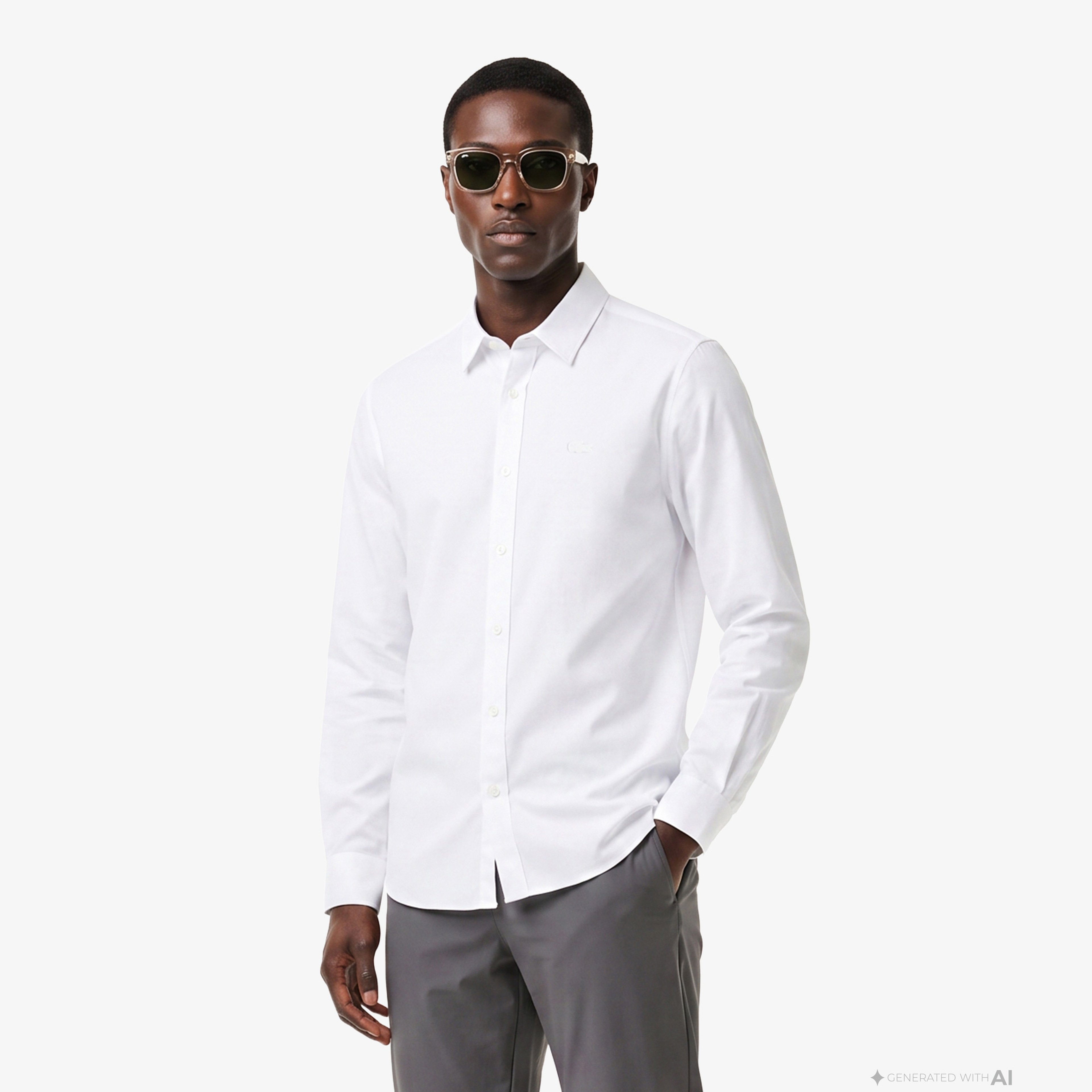 Erkek Slim Fit Düğmeli Yaka Beyaz Gömlek