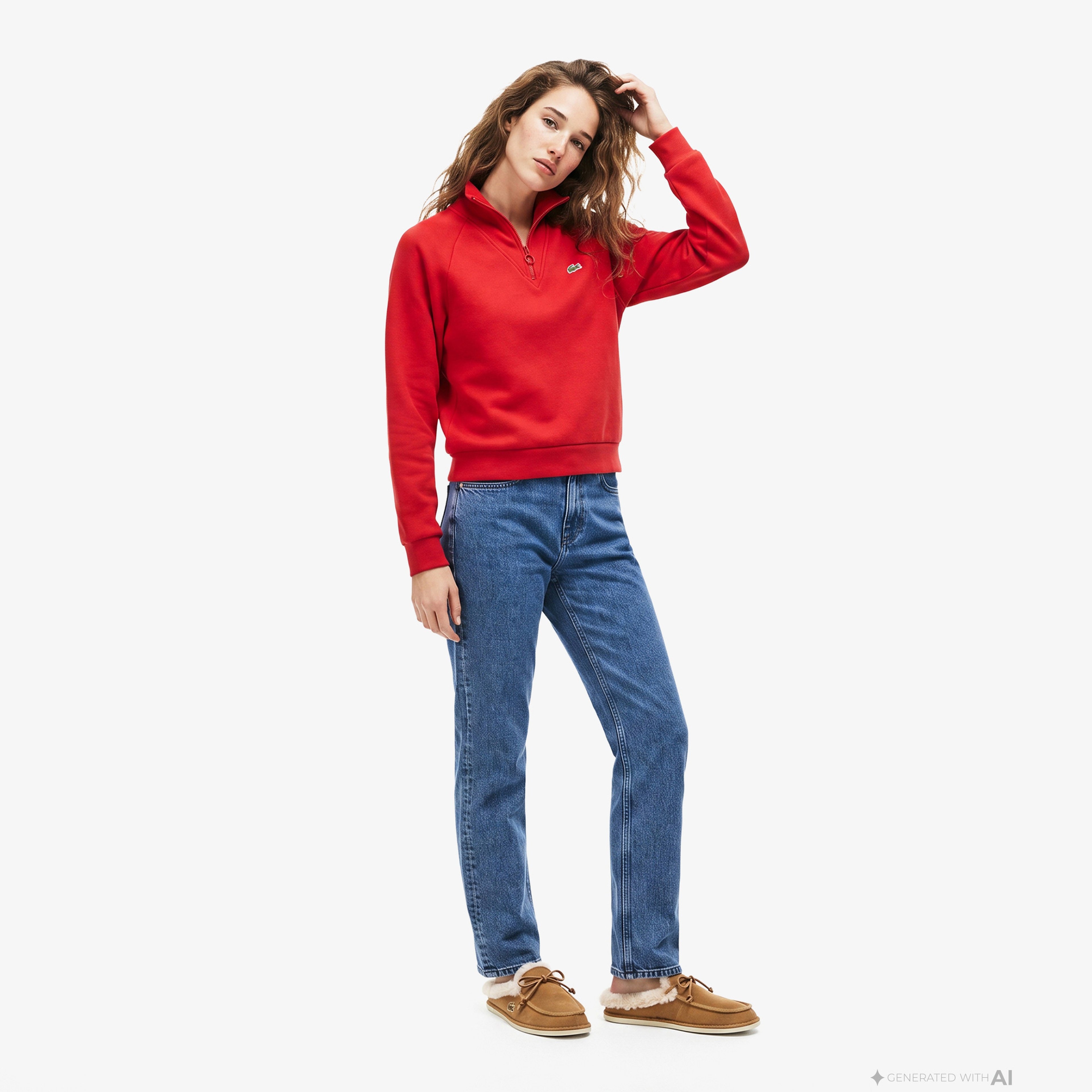 Kadın Regular Fit Yarım Fermuarlı Kırmızı Sweatshirt