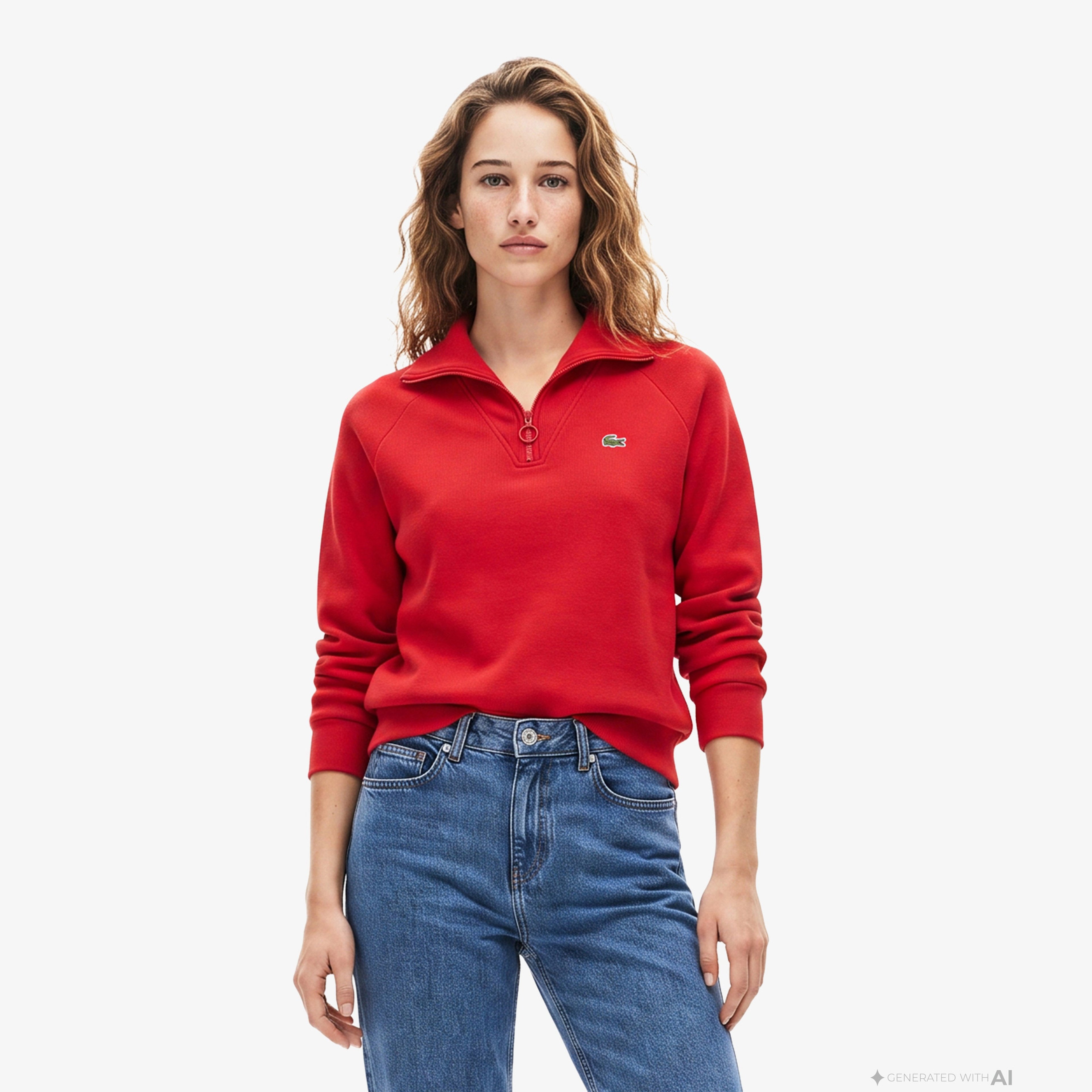 Kadın Regular Fit Yarım Fermuarlı Kırmızı Sweatshirt
