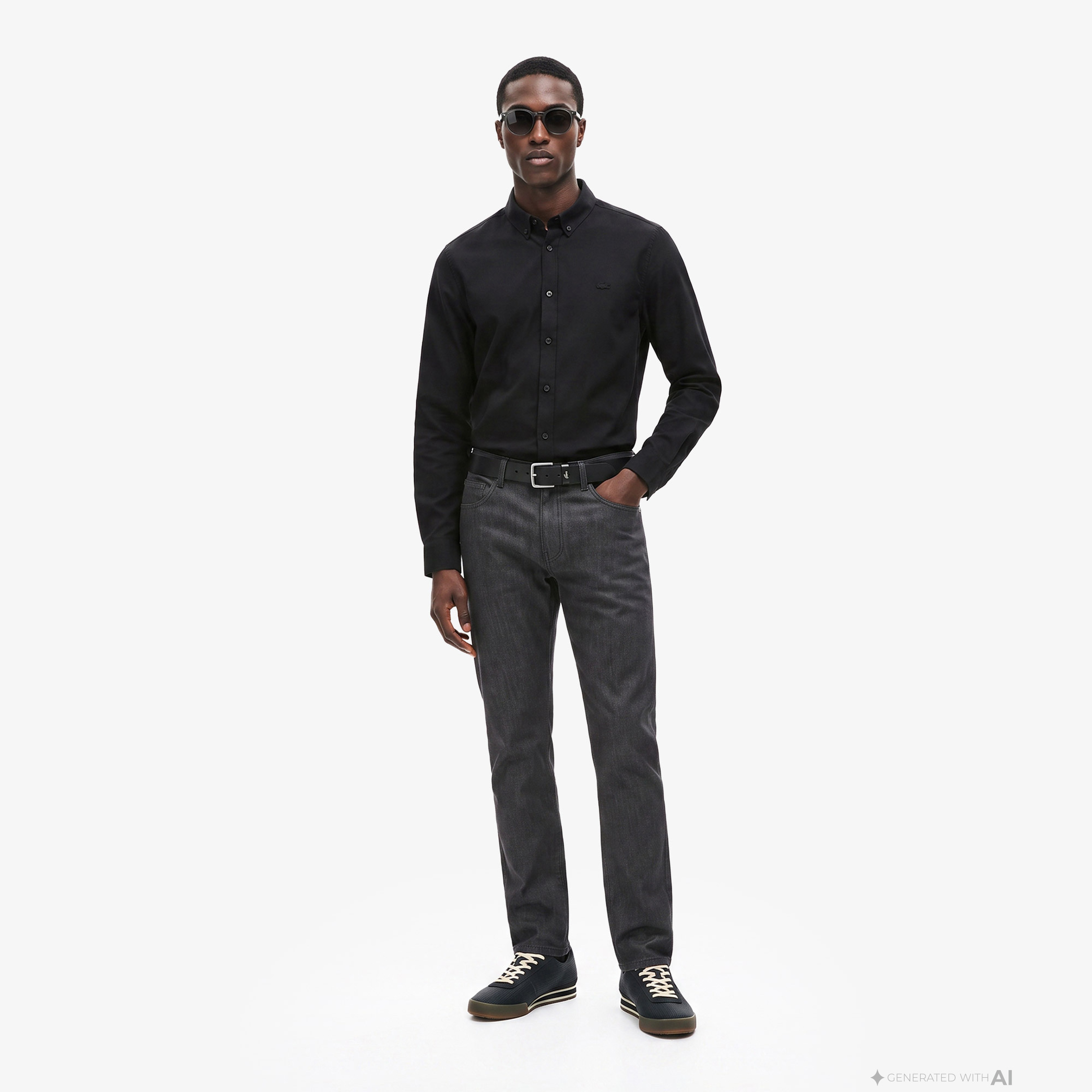 Erkek Slim Fit Düğmeli Yaka Siyah Gömlek