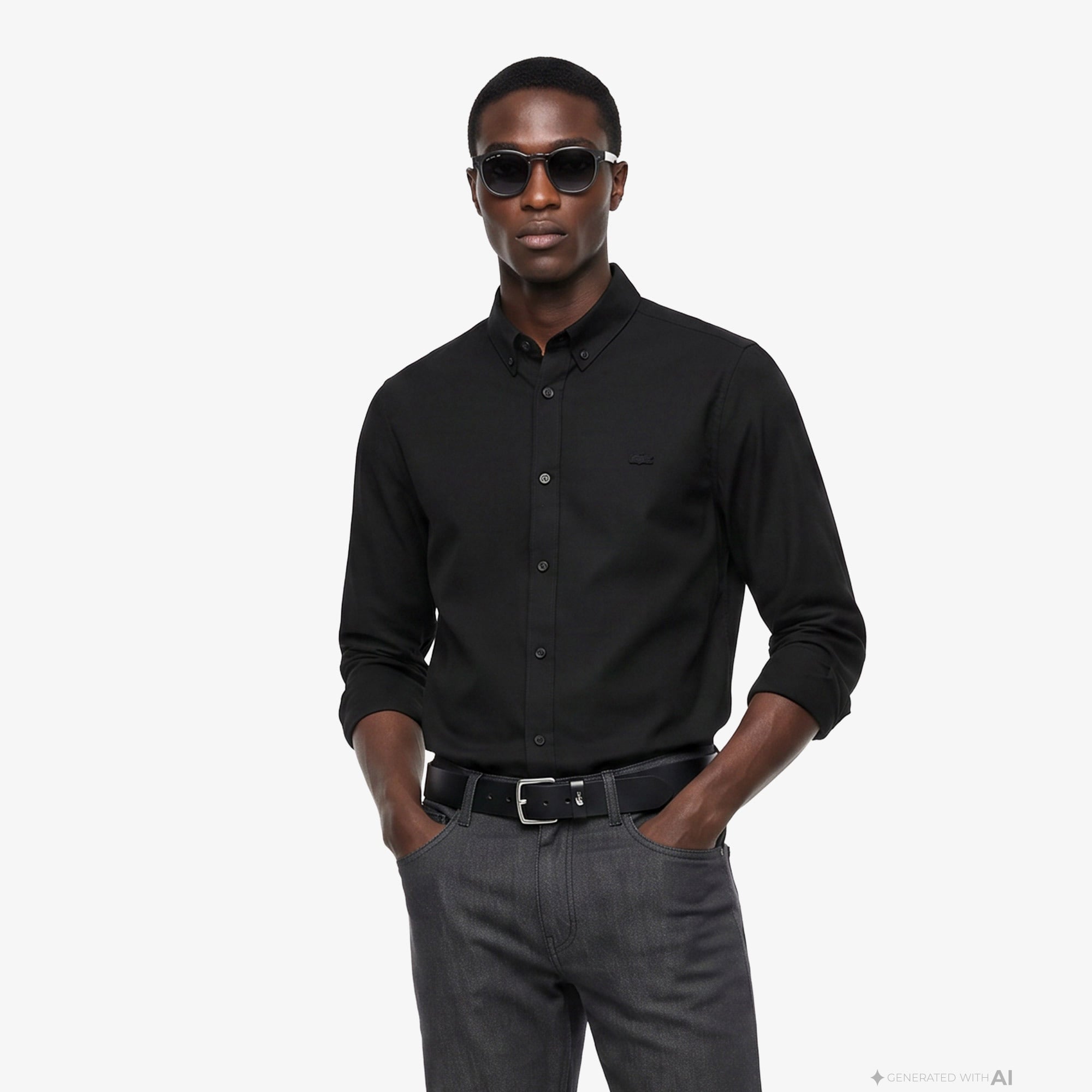 Erkek Slim Fit Düğmeli Yaka Siyah Gömlek