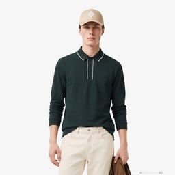 Erkek Regular Fit Uzun Kollu Koyu Yeşil Paris Polo Yeşil