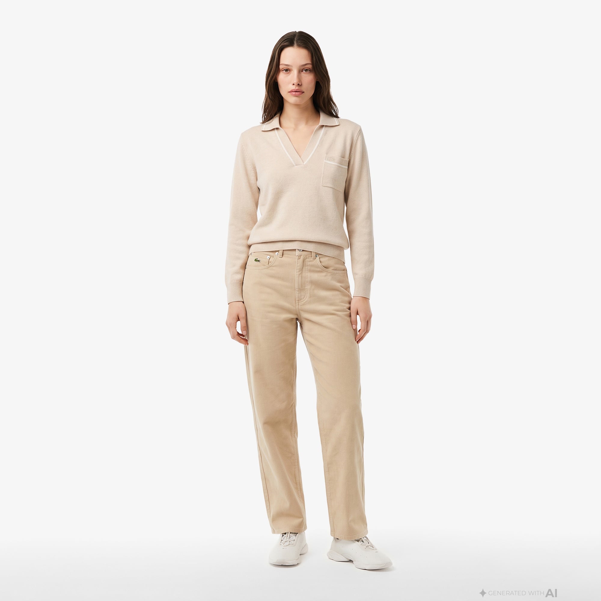 Kadın Classic Fit V Yaka Bej Kazak