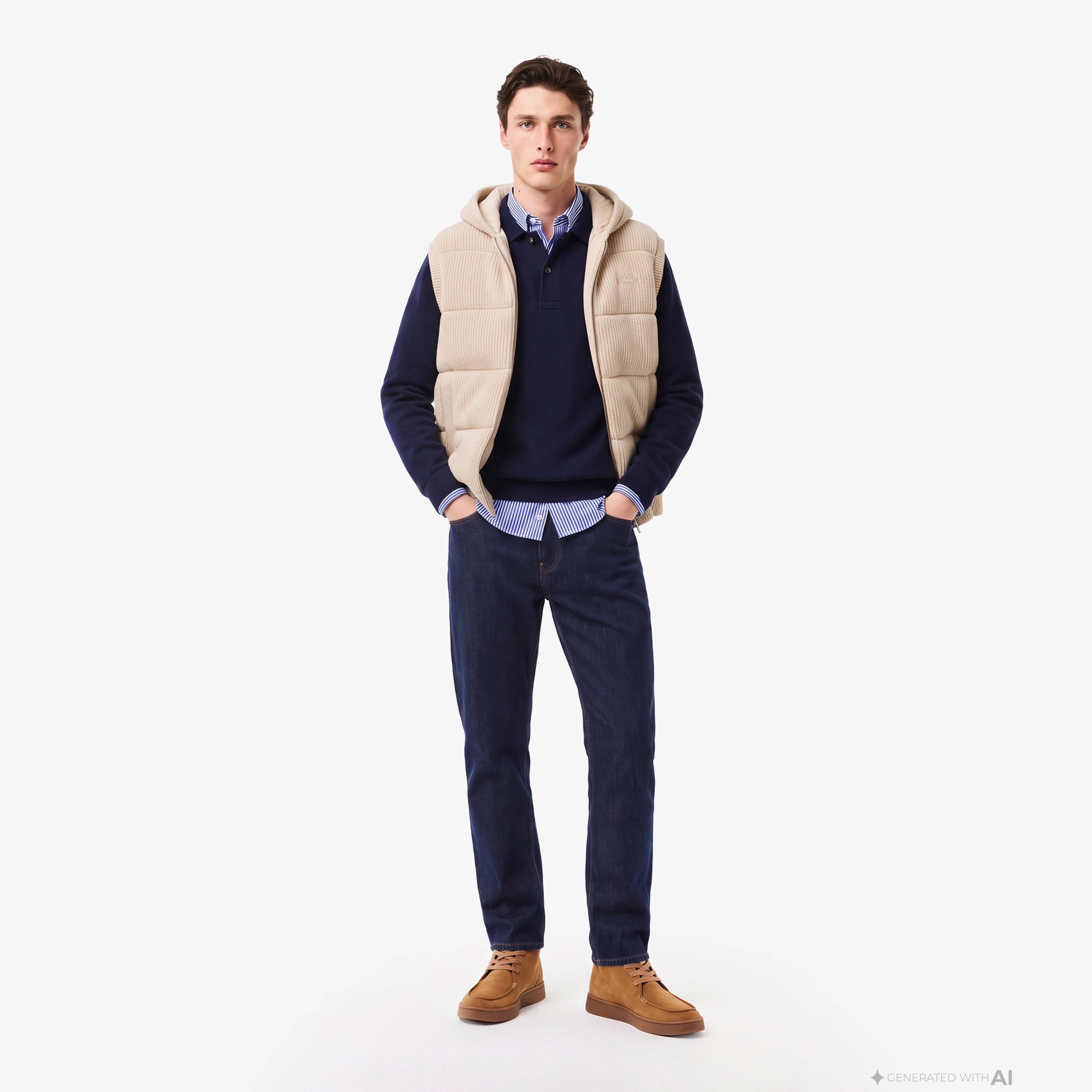 Erkek Classic Fit Kapüşonlu Bej Yelek