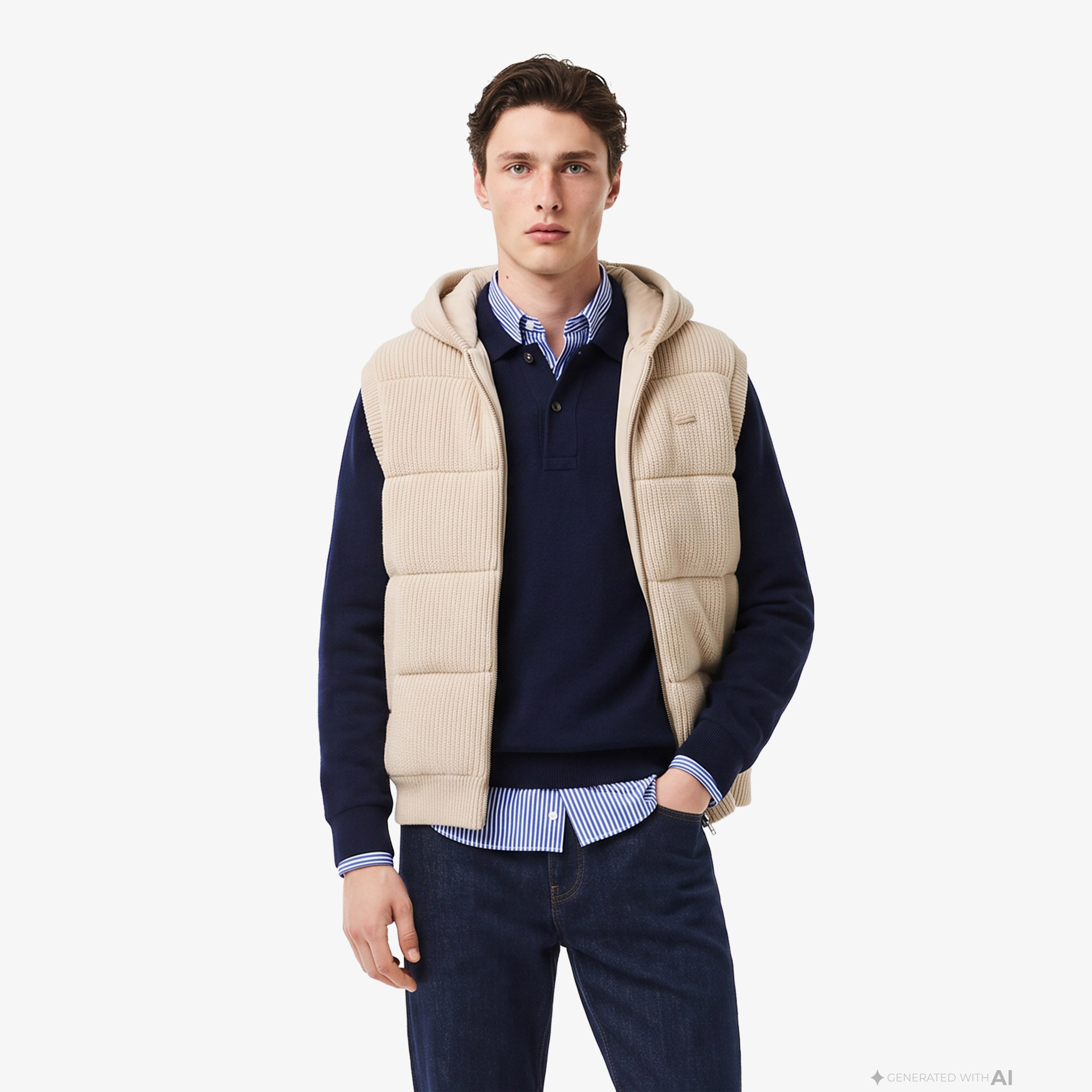Erkek Classic Fit Kapüşonlu Bej Yelek