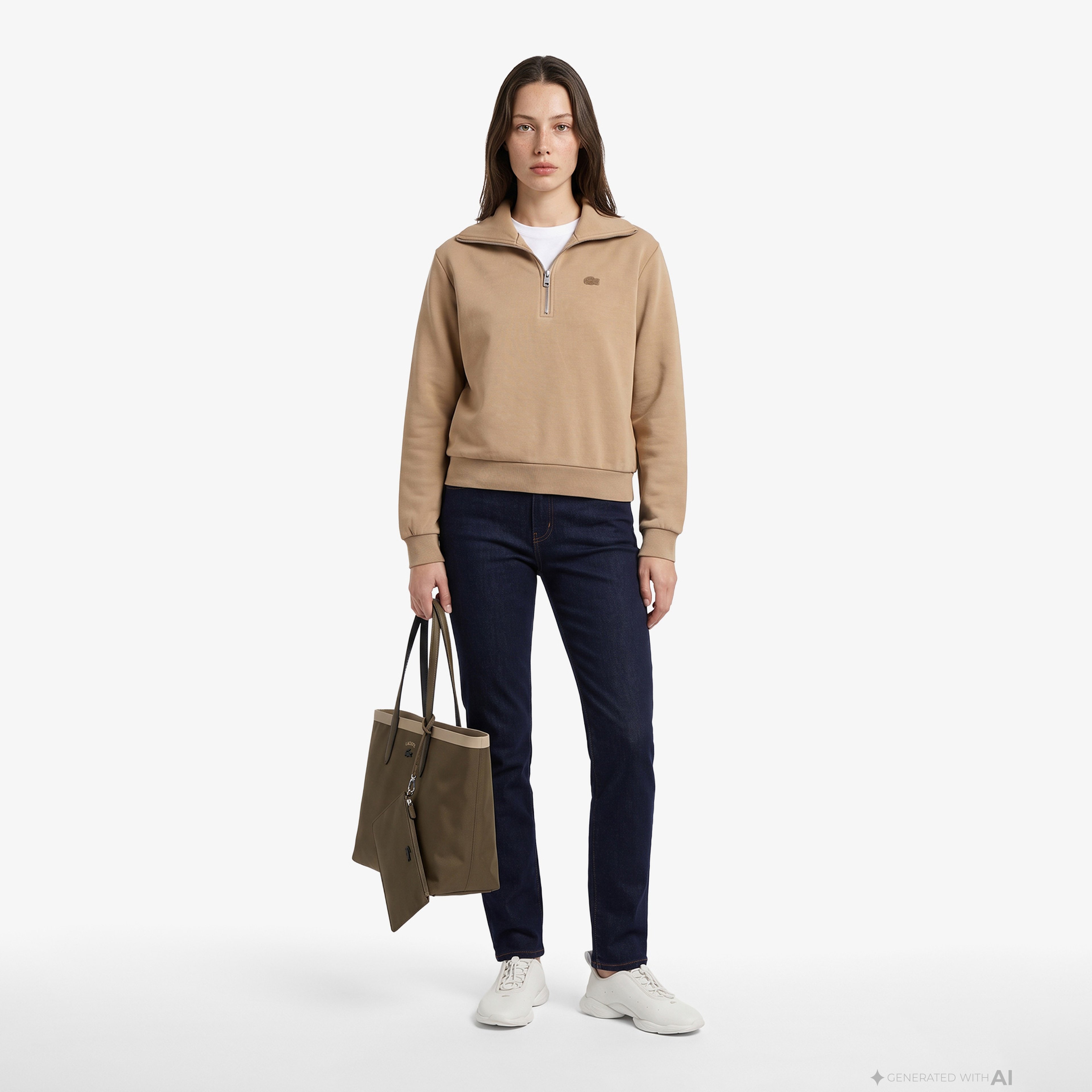 Kadın Relaxed Fit Yarım Fermuarlı Bej Sweatshirt Kadın Relaxed Fit Yarım Fermuarlı Bej Sweatshirt