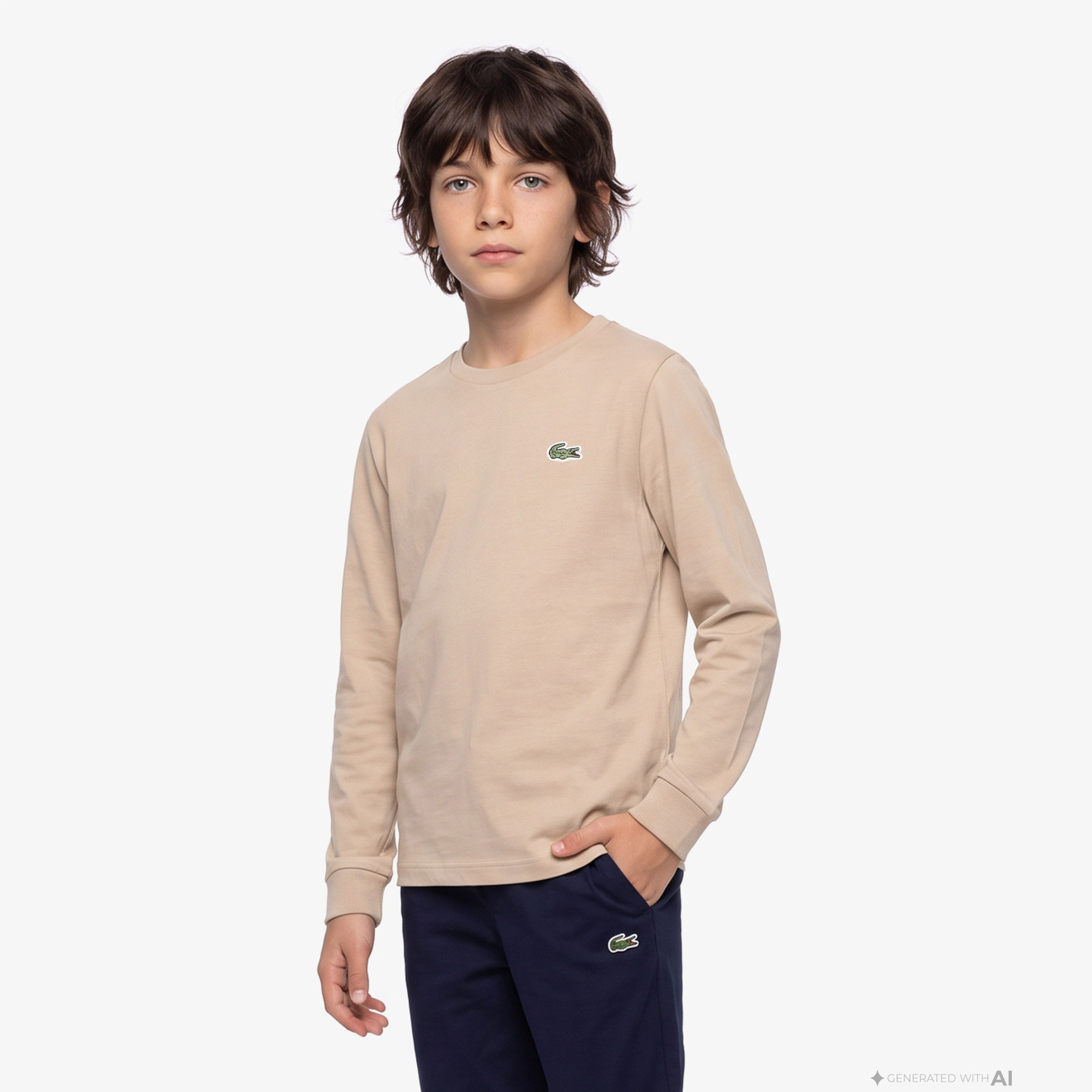 Çocuk Uzun Kollu Bisiklet Yaka Bej T-Shirt
